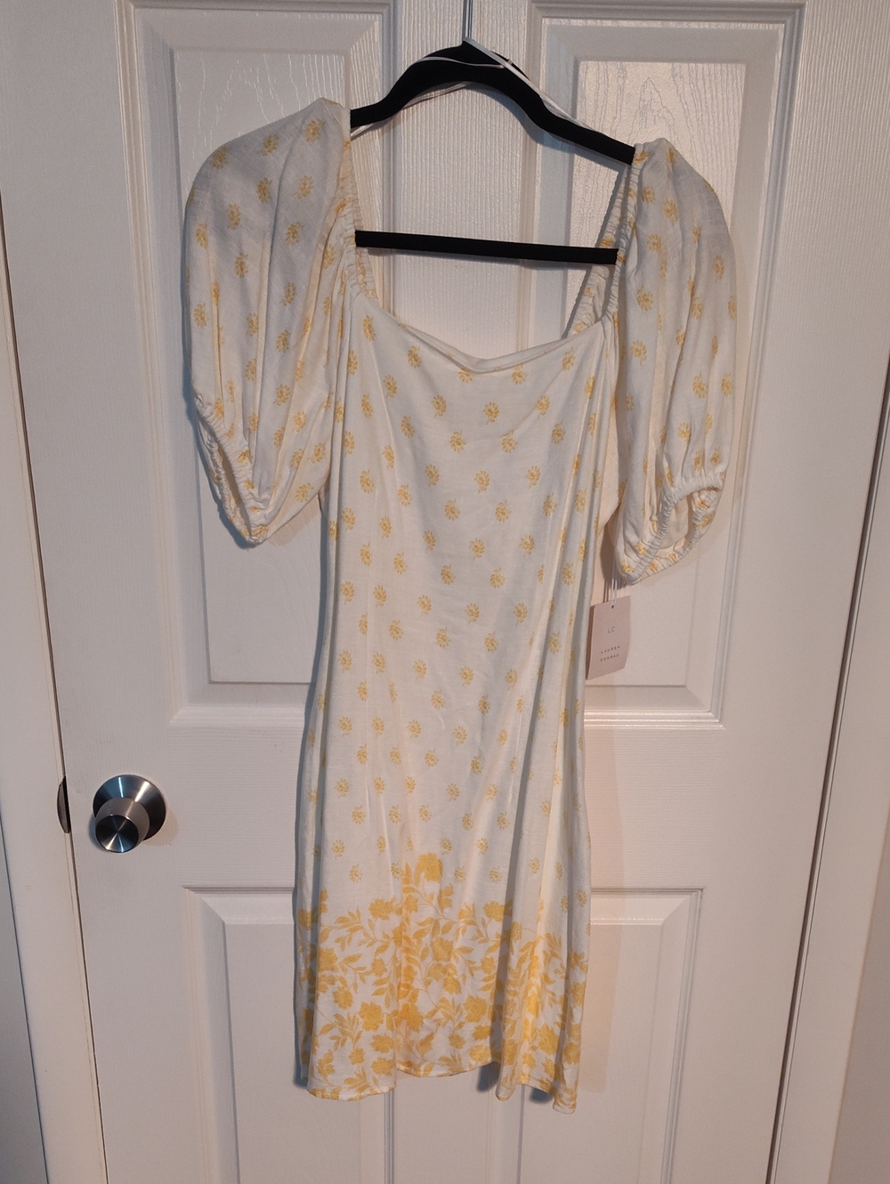LC Lauren Conrad Cream Dress with Yellow Floral Print and Puff Sleeves
